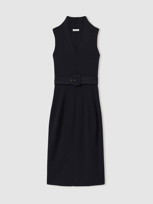 Ella Navy Knitted Ribbed Belted Midi Dress REISS Canada