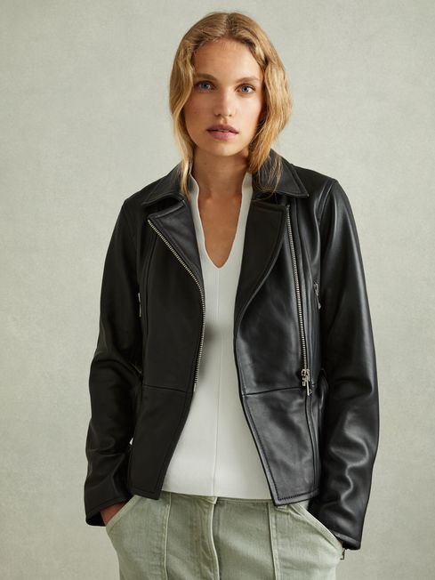 Reiss Black Febe Belted Leather Jacket