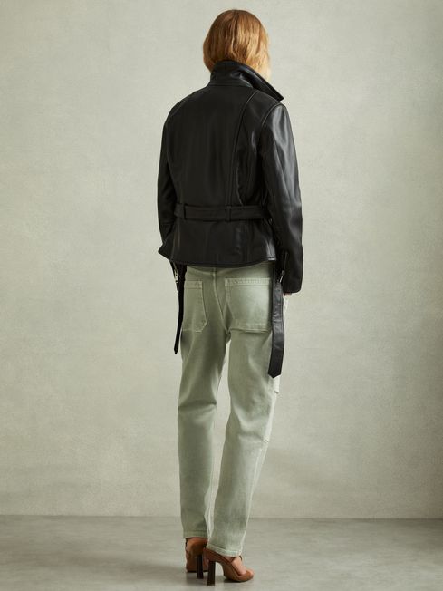 Reiss Black Febe Belted Leather Jacket