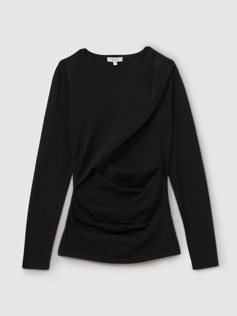 Reiss Black Rue Draped Front Ruched Top