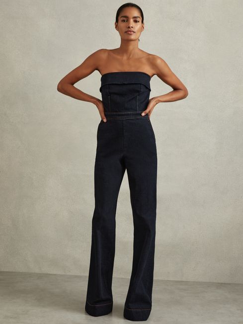 Reiss Indigo Tiggie Petite Denim Strapless Wide Leg Jumpsuit