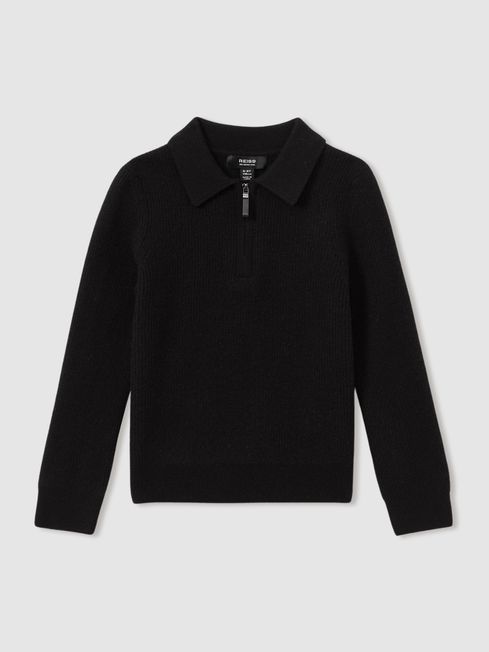 Reiss Black Regis 3-9 yrs Merino Wool Quarter Zip Polo Shirt