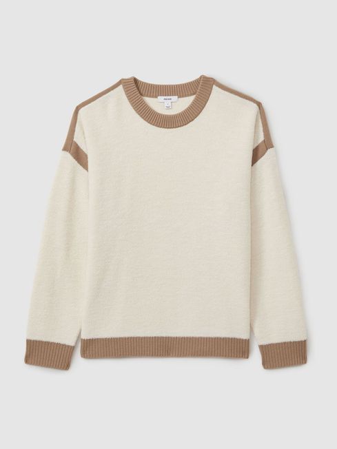 Wool Colourblock Crew Neck Jumper in Cream Camel REISS USA