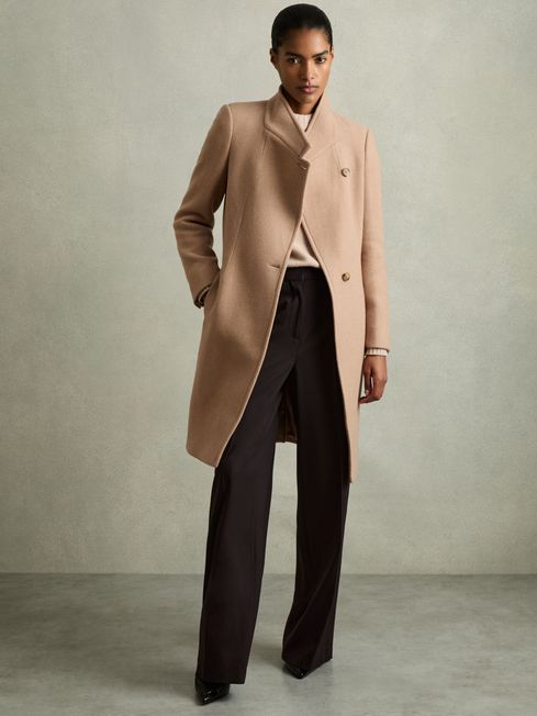 Reiss Light Camel Maude Wool-Blend Longline Double-Breasted Coat