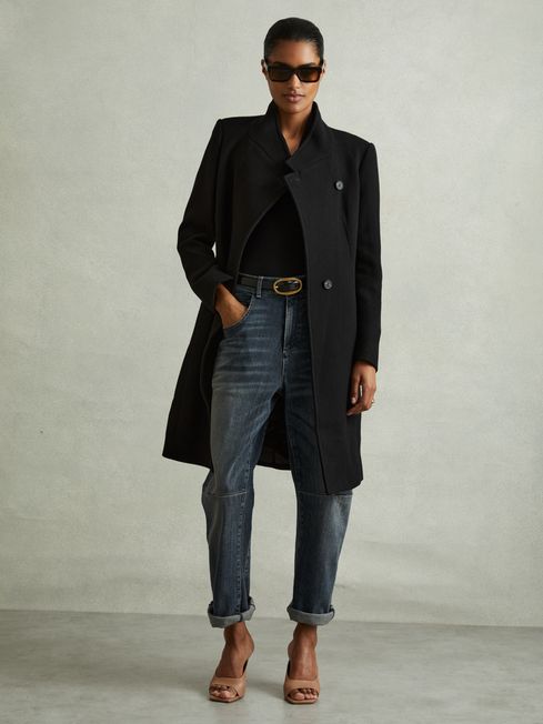 Wool Blend Longline Double Breasted Coat in Black