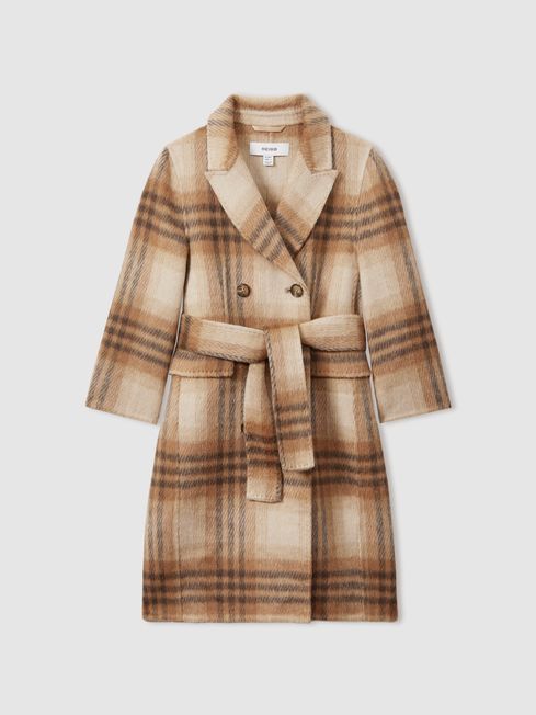 Reiss Brown Maeve 9 13 yrs Checked Wool Blend Blindseam Coat
