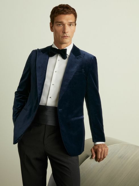Reiss Baltic Blue Apsara Velvet Single Breasted Blazer