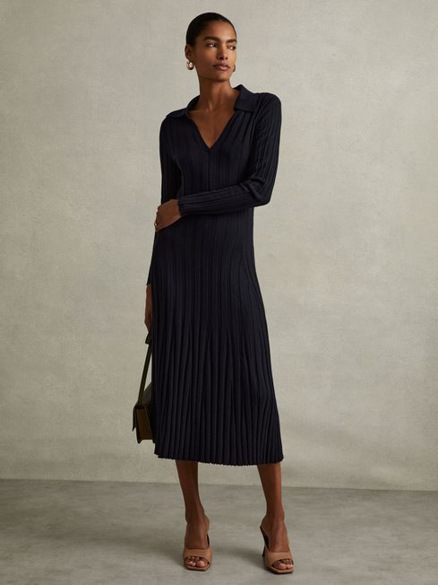 Reiss Winnie Navy Petite Knitted Open Collar Midi Dress S