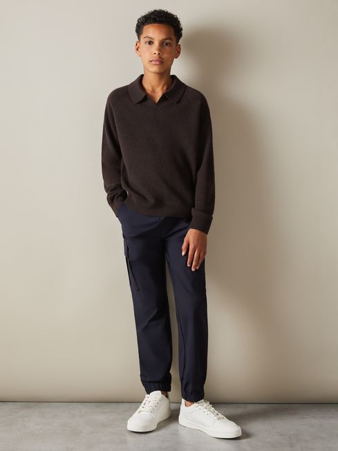 Reiss Chocolate Brown Grange Junior Wool-Cashmere Open Collar Polo Shirt