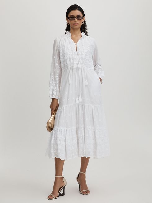 Astrid White Mille 100 Cotton Tassel Midi Dress REISS Canada