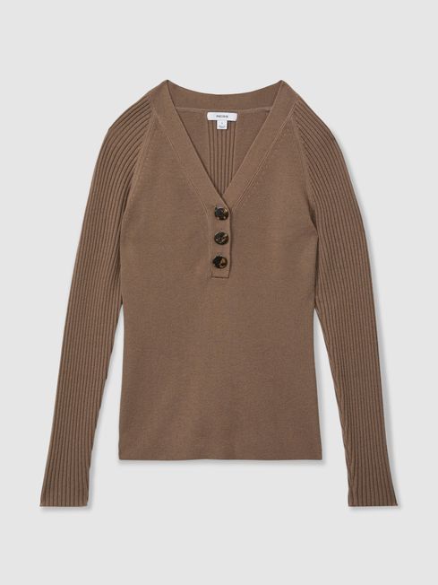 Reiss Mink Reece Ribbed Sleeve Jumper