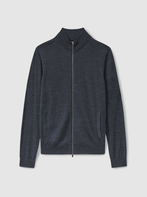 Merino Wool Zip Through Funnel Neck Cardigan in Dark Airforce Blue Melange