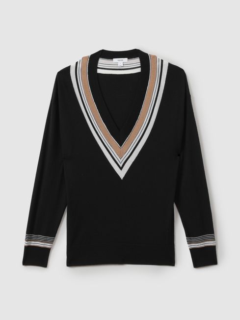 Maisie Black White Striped Trim V Neck Jumper REISS USA