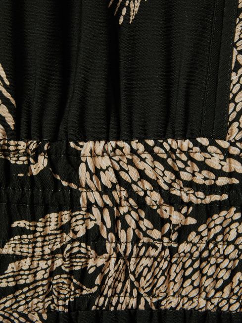 Tropical Print Elasticated Waist Midi Dress in Khaki