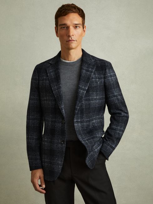Reiss Navy Granite Single Breasted Checked Blazer with Wool