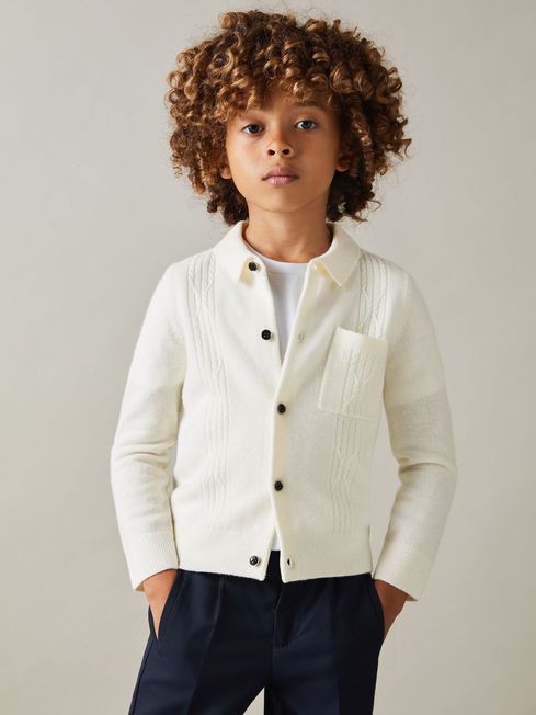 Reiss Off White Lockhurst 3-9 yrs Wool Cable Knit Cardigan
