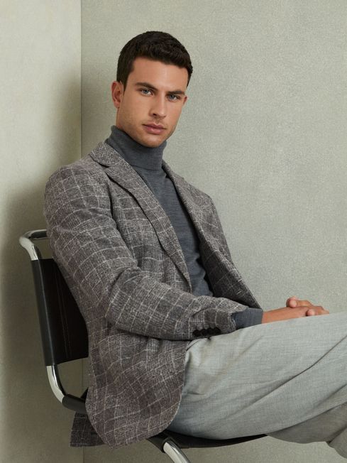 Reiss Grey Feel Checked Single Breasted Blazer with Wool