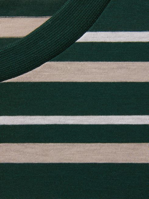 Mercerised Cotton Striped Crew Neck T-Shirt in Fir Green/Silverbirch