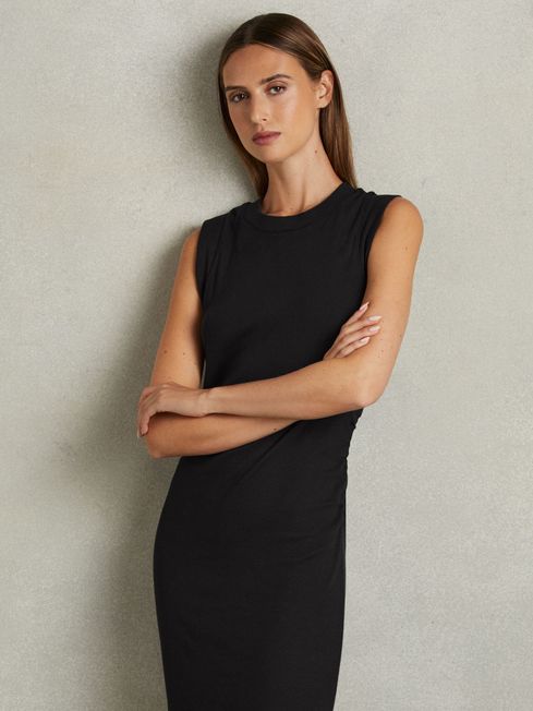 Ribbed Ruched Jersey Midi Dress in Navy REISS Australia