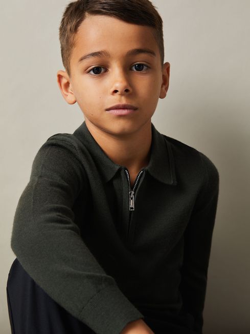 Reiss Green Robertson 9-13 yrs Merino Wool Quarter Zip Polo Shirt