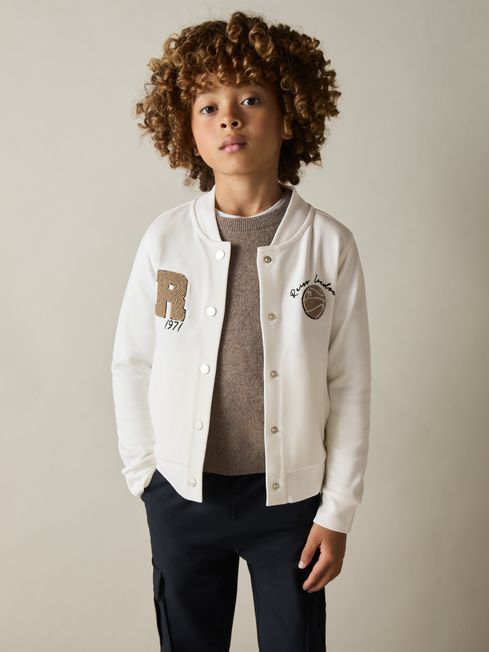 9 13 yrs Interlock Jersey Basketball Bomber Jacket in Off White