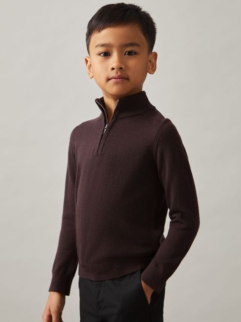 Reiss Dark Bordeaux Blackhall 9-13 yrs Merino Wool Half-Zip Funnel Neck Jumper