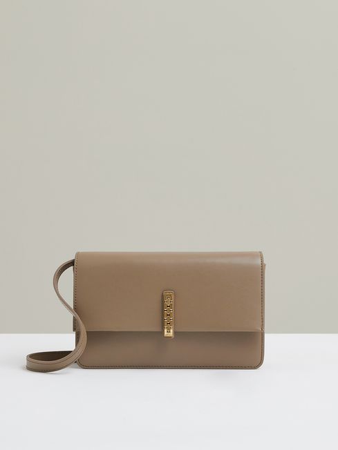 Leather Suede Chain Crossbody Bag in Taupe