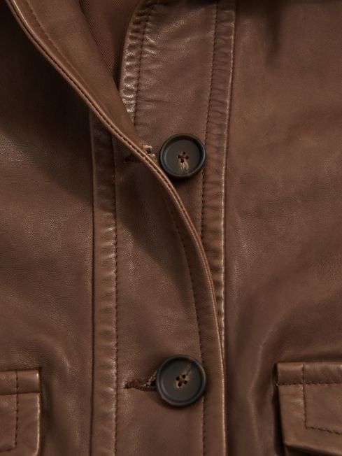 Reiss Chocolate Hanson Leather Trucker Jacket