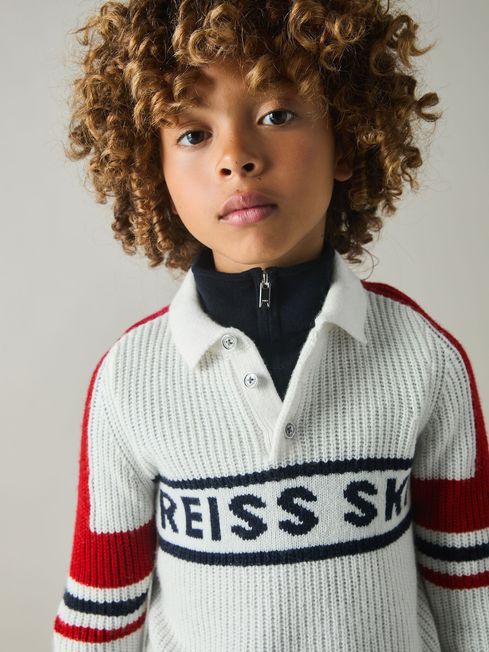 Reiss Off White/Red Acklin 9-13 yrs Colourblock Ski Polo Neck Jumper