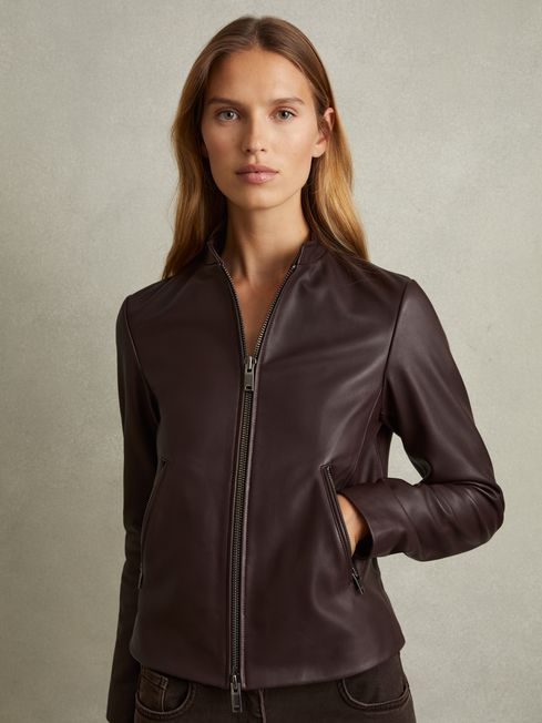 Reiss Berry Allie Leather Collarless Biker Jacket