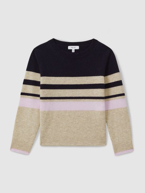 Reiss Navy Audrey 9 13 yrs Wool Blend Striped Crew Neck Jumper