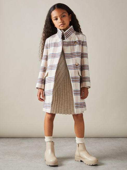 Reiss Brown Claude 9-13 yrs Wool Blend Checked Asymmetric Funnel Neck Coat