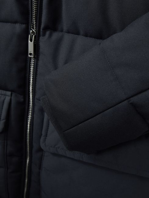 Reiss Navy Rigel 9-13 yrs Hooded Twill and Shell Puffer Jacket