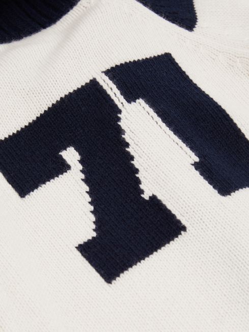 Knitted Varsity Cardigan in Off White/Navy