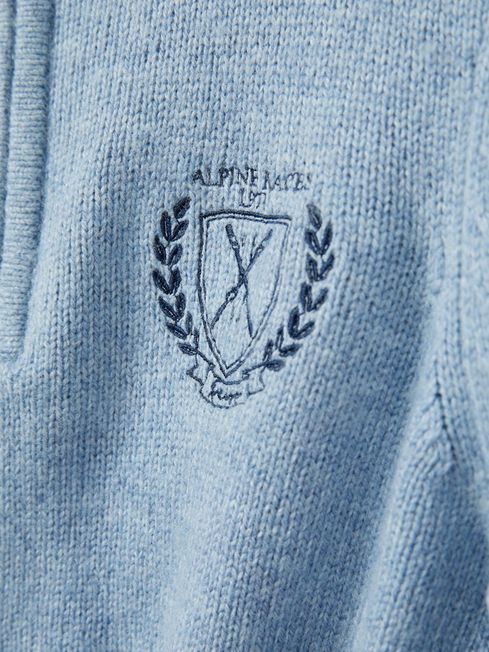 Reiss Soft Blue Melange Mathieu 9-13 yrs Embroidered Quarter Zip Jumper with Cashmere Wool and Cotton