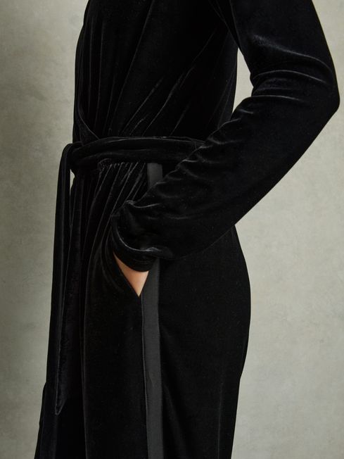 Reiss Black Vera Velvet Belted Wide Leg Jumpsuit