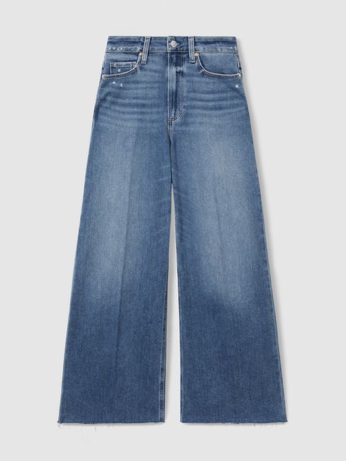 Paige Wide Leg Raw Hem Cropped Jeans in Rock Show Blue REISS USA