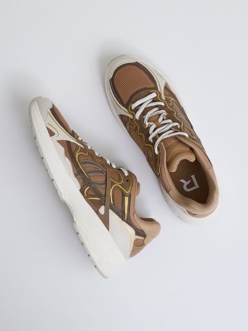 Reiss Tobacco Volt Nubuck and Mesh Trainers