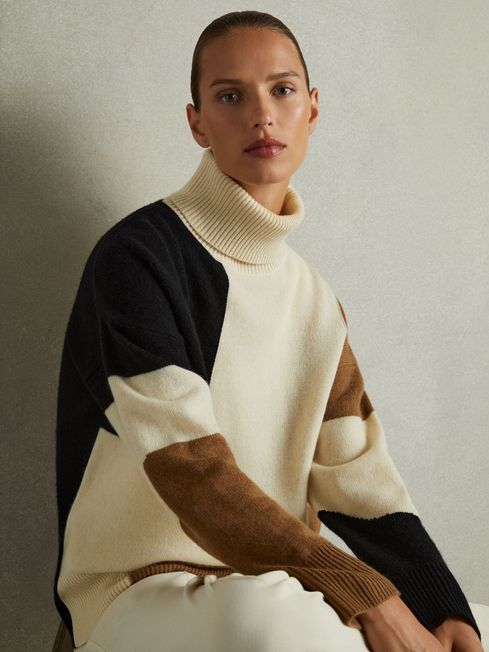 Wool Cashmere Colourblock Intarsia Jumper in Cream Brown REISS Canada