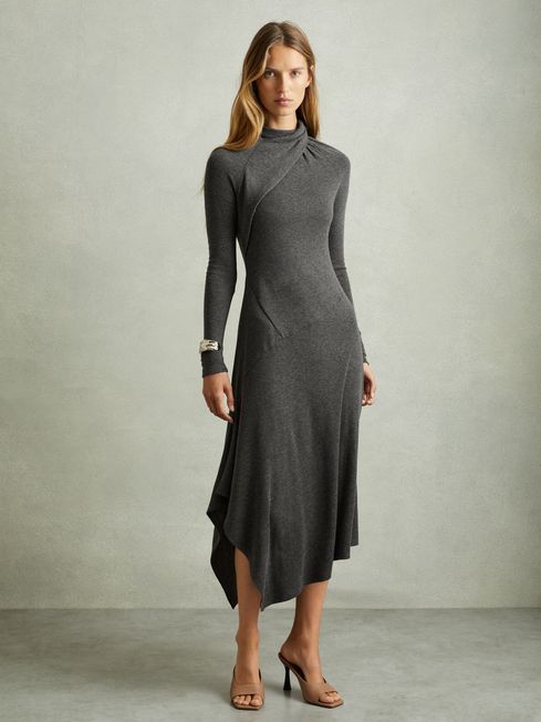 Jersey Drape Asymmetric Midi Dress in Grey REISS Canada