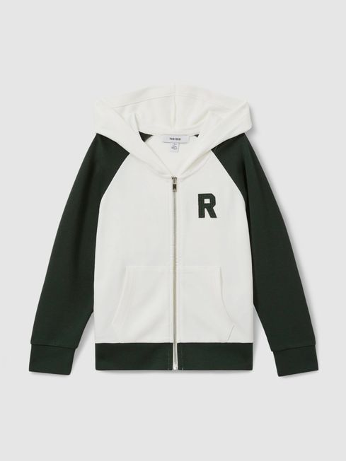 Reiss White/Emerald Green Austin 3-9 yrs Interlock Jersey Colourblock Hoodie