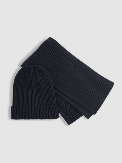 Reiss Navy Chesterfield Set Ribbed Hat and Scarf Set