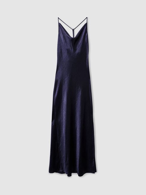 Reiss Indigo Paisley Cowl-Neck Hammered-Satin Slip Dress