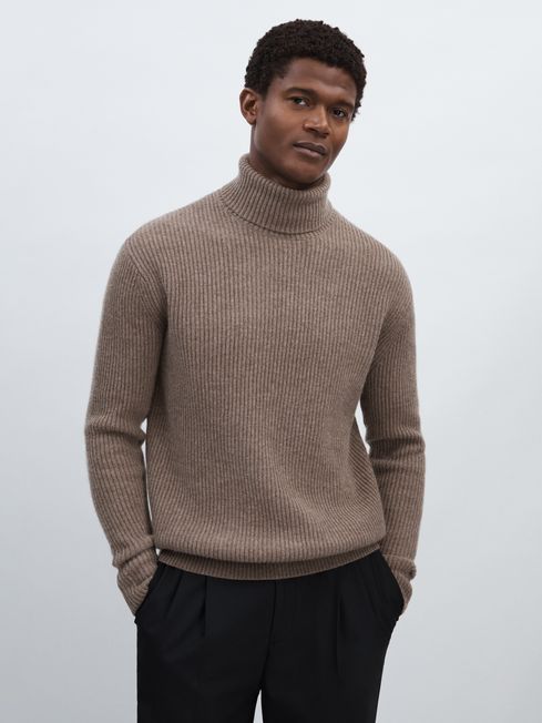 Les Deux Merino Wool Ribbed Roll Neck Jumper in Grey Melange REISS Australia