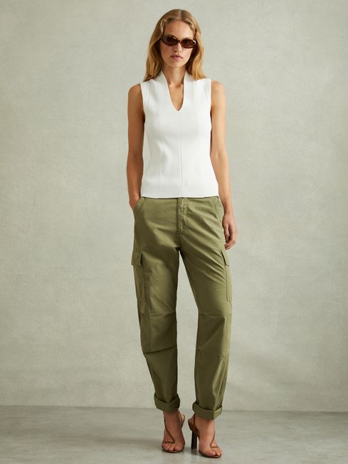 Tapered Drawstring Cotton Combat Trousers in Khaki REISS Ireland