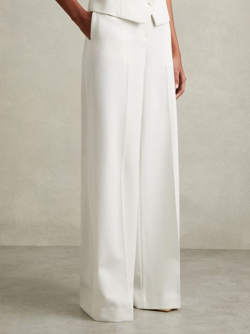 Reiss White Leanna Wool Blend Wide Leg Tux Trousers