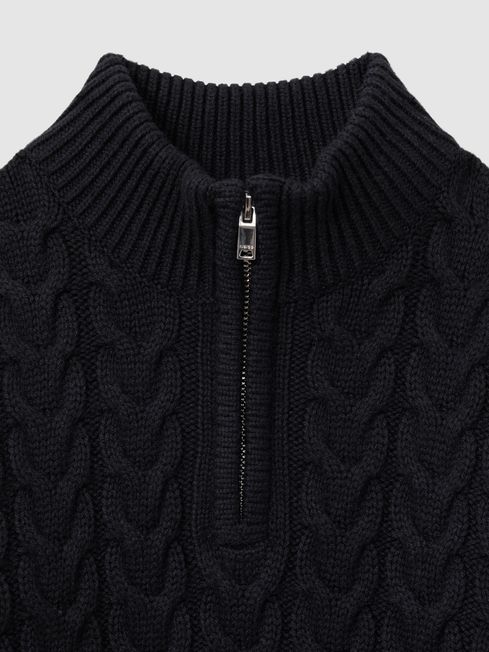 Senior Cabled Knitted Zip Neck Jumper with Cotton and Wool in Navy