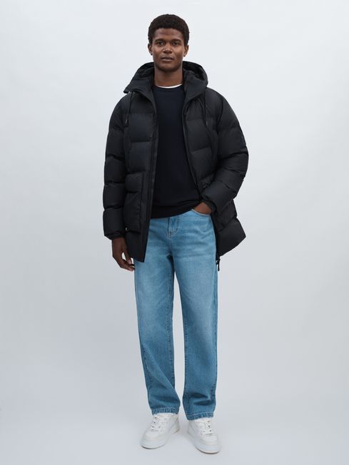 Rains Long Puffer Cargo Jacket in Navy Blue