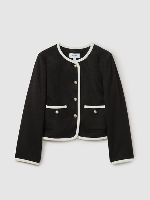Reiss Black Brianna Wool Blend Contrast Trim Jacket