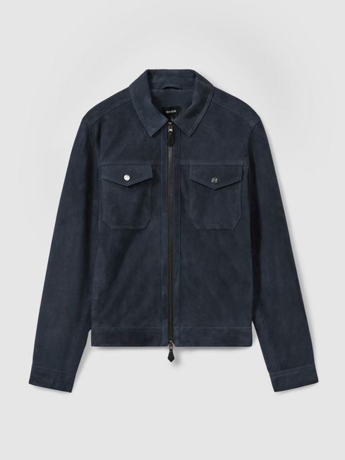 Suede Zip Through Trucker Jacket in Indigo Blue REISS USA